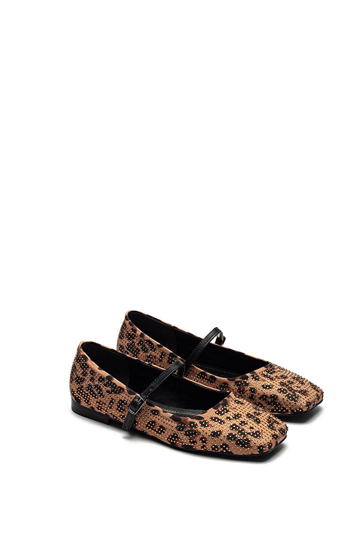 Kadın Tokalı Leopar Desen Yuvarlak Burun Taş İşlemeli Babet Ev Ayakkabısı 9225