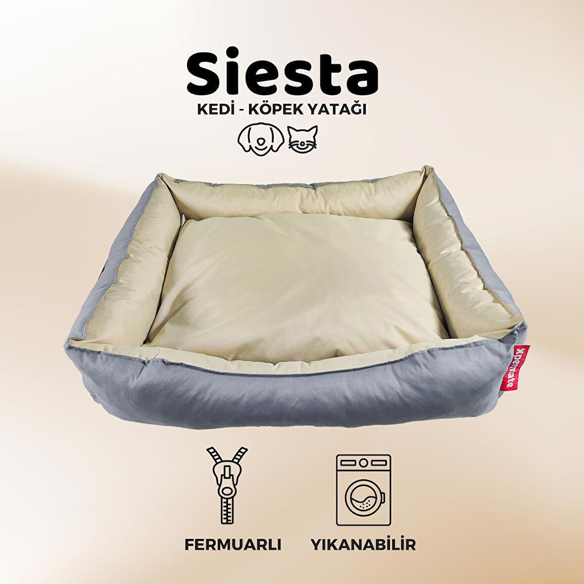 XPERMATE Siesta Kedi Yatağı Tüy Tutmaz Kumaş, Köpek Yatağı Su İtici Kumaş Fermuarlı 80x100x28 Antrasit Bej