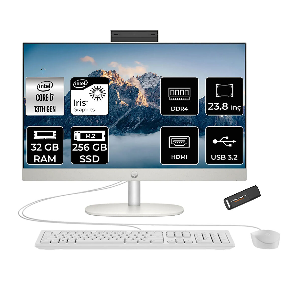 HP ProOne 240 G10 i7 1355U 32GB 256GB SSD Iris Xe Graphics 23.8" FHD FDOS All In One PC Beyaz & PER4