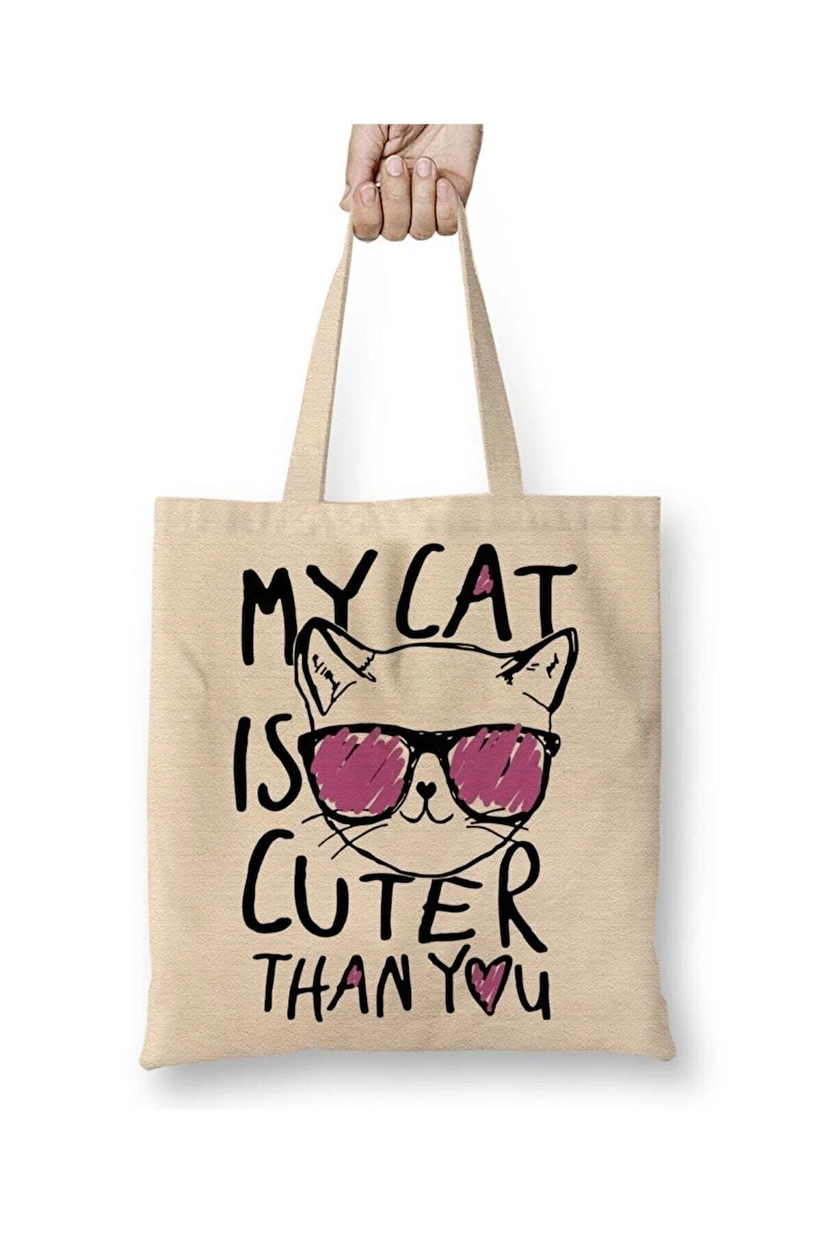 My Cat Is Cuter Than You Kedi Beyaz Bez Çanta Uzun Saplı Alışveriş Çantası Plaj Çantası