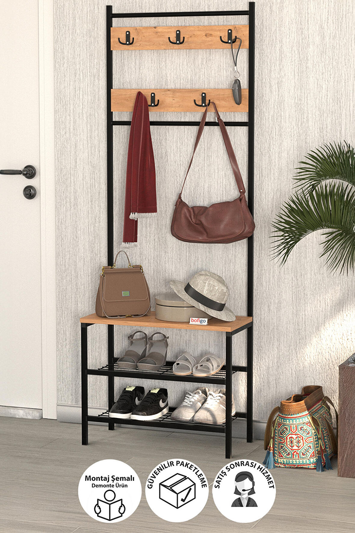 Bofigo 3 Raflı Metal Portmanto Elbise Askılığı Vestiyer Ayakkabılık Samanyolu Çam