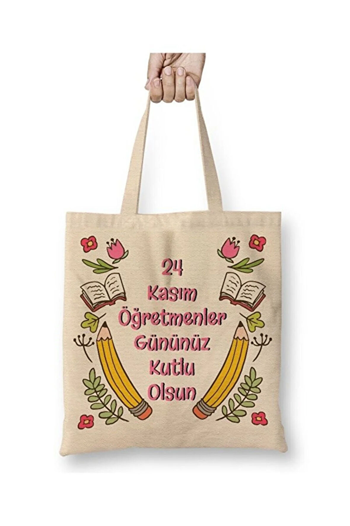 24 Kasım Öğretmenler Günü Beyaz Bez Çanta Uzun Saplı Alışveriş Çantası Plaj Çantası