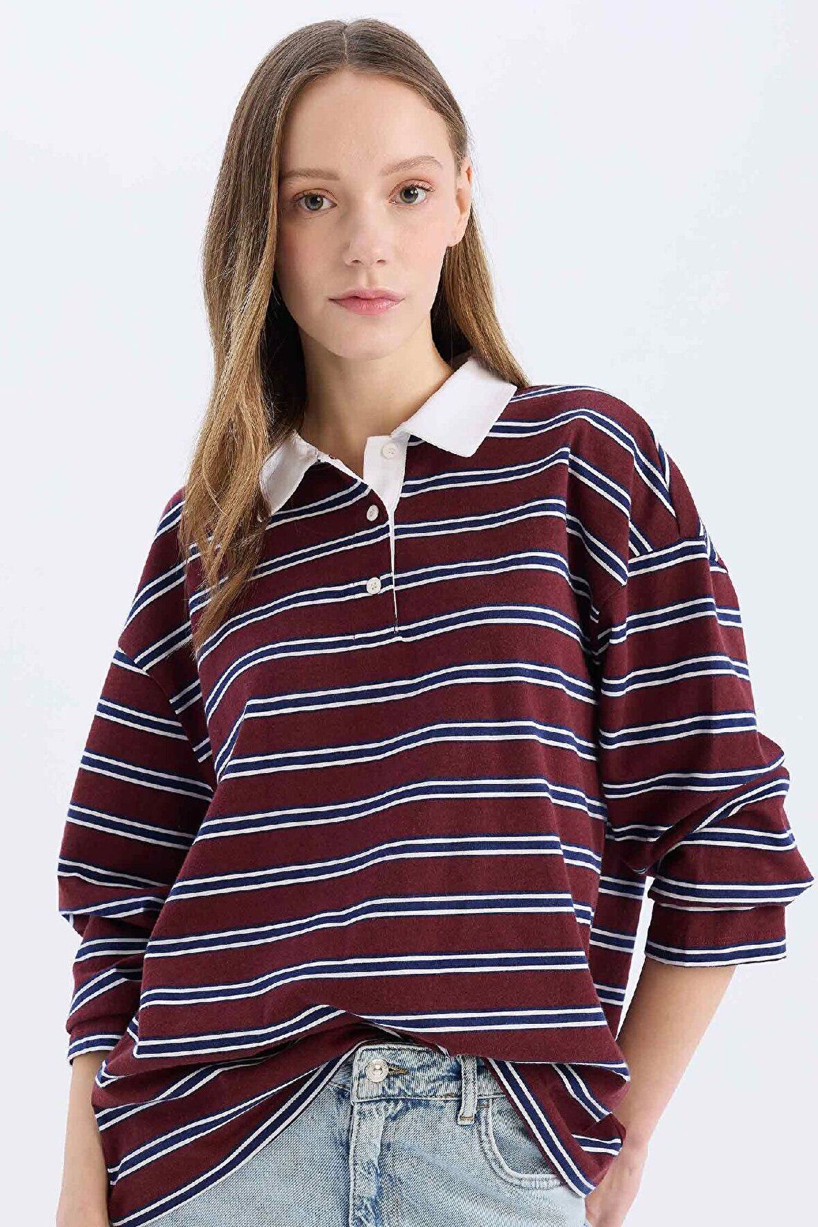 DeFacto Coool Loose Fit Çizgili Polo Yaka Uzun Kollu Tişört E4917AX25SPBR210