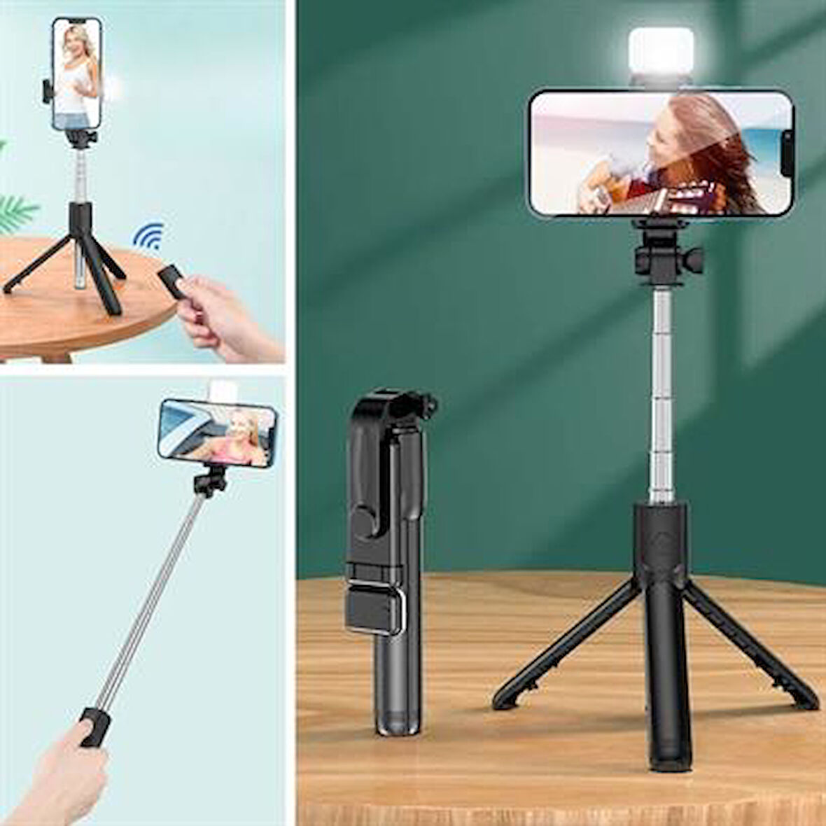 Periboia® Kendiliğinden Işıklı Masaüstü Tripod Olabilen Telefon Tutuculu Kablosuz Kumandalı Selfie Çubuğu