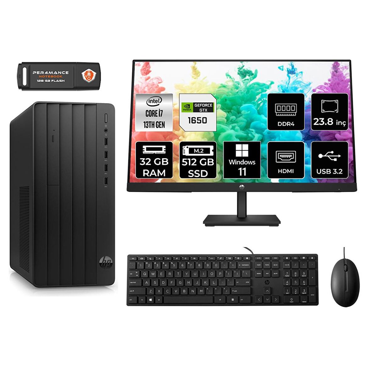 HP TOWER 290 G9 i7 13700 32GB RAM 512GB SSD GTX1650/4GB W11P 8T2X1ES MASAÜSTÜ PC & 23.8'' MONİTÖR