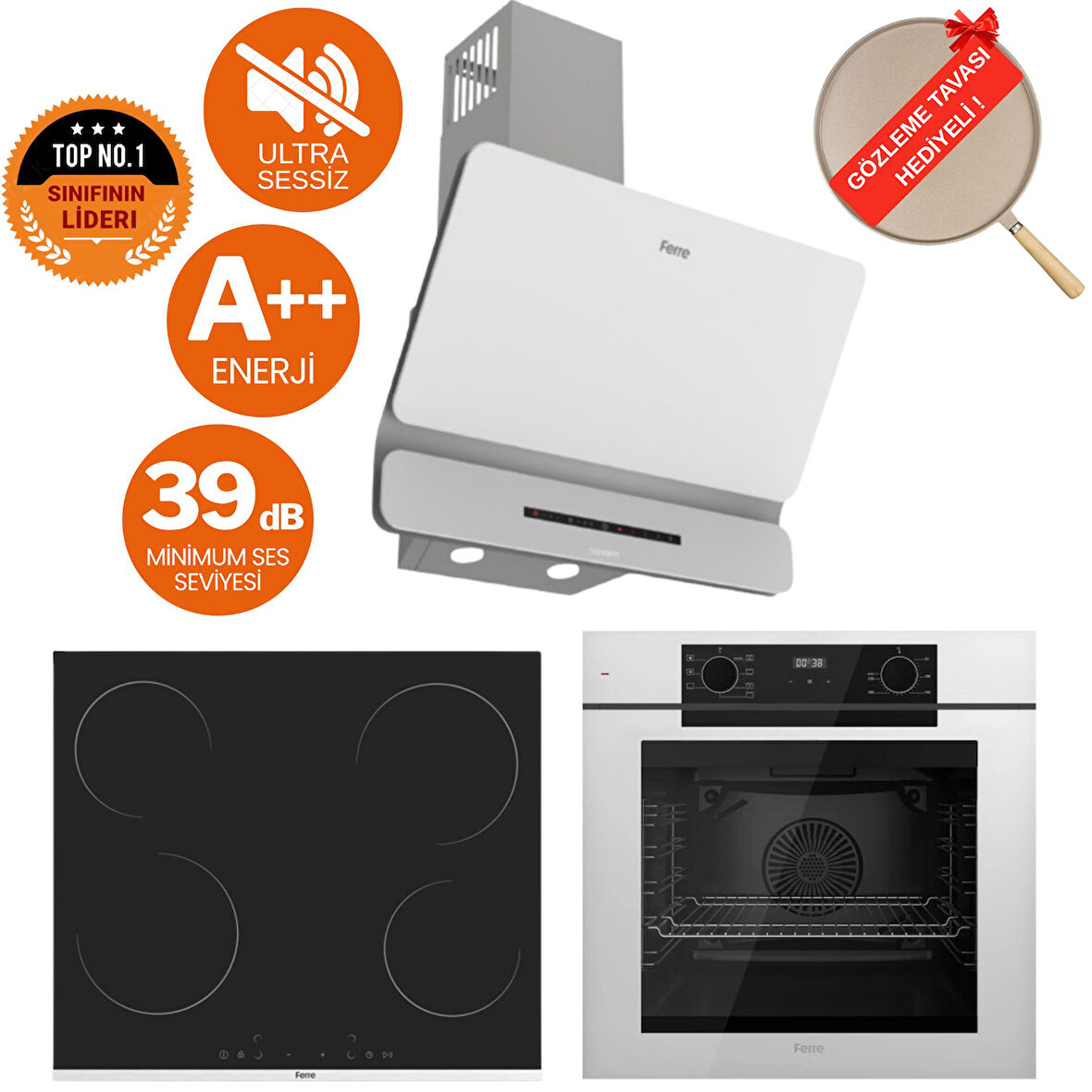 Ferre FryArt & FlowArt Monza Sessiz Davlumbaz Elektrikli Beyaz Ank. Set (D081-SA + MS261 + QEP63CB)