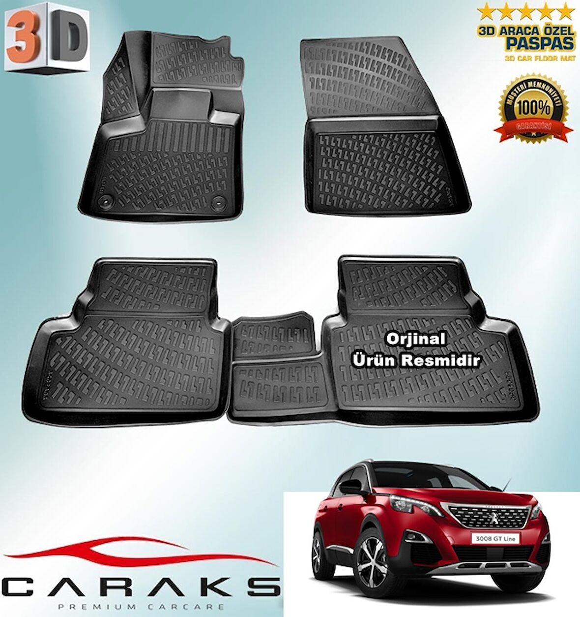 PEUGEOT 3008 3D Paspas Havuzlu 2016 - 2020 Arası Siyah 4 Prç. CARAKS 
