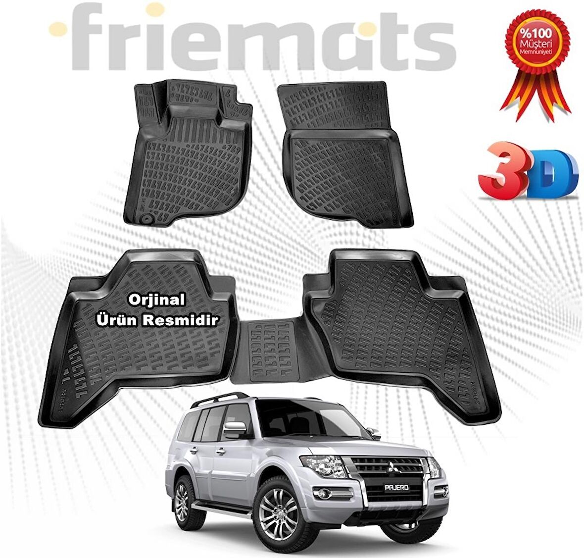 Mitsubishi PAJERO 3D Havuzlu Paspas 2006-2015 Arası Siyah 4 Parça Friemats 