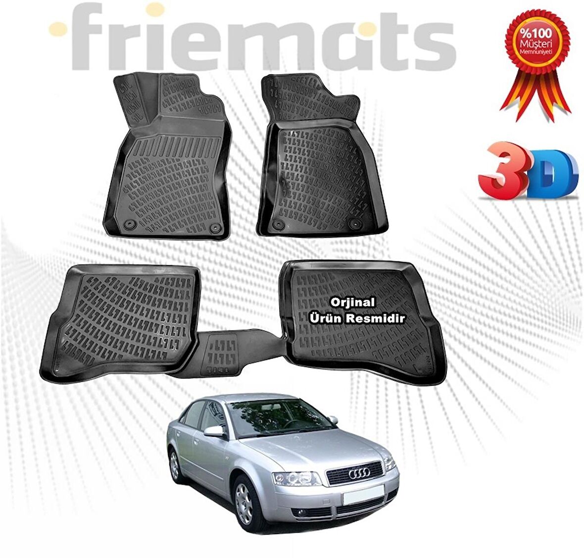 Audi A4 3D Havuzlu Paspas Sedan 1996 - 2000 Arası Siyah 4 Parça Friemats 
