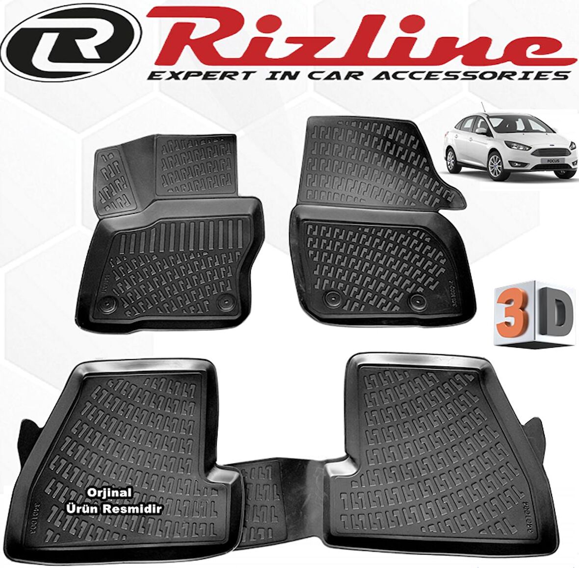 RİZLİNE Ford FOCUS 4 3D Paspas Havuzlu Sedan 2015 - 2018 Arası Siyah 4 lü SET