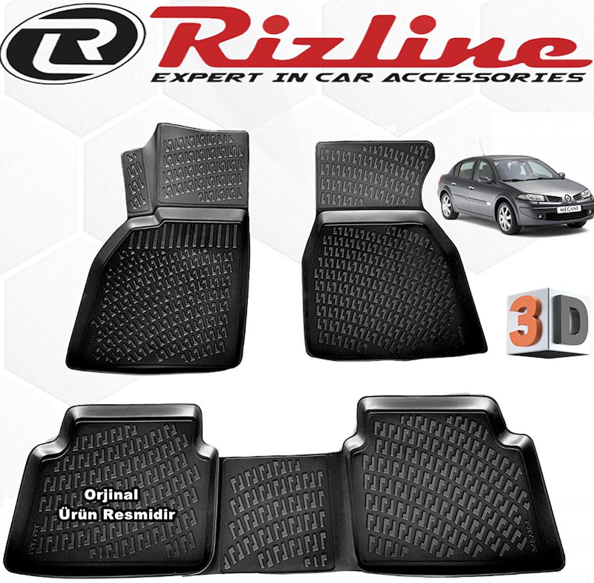 RİZLİNE Renault MEGANE 2 3D Paspas Havuzlu Sedan 2004 - 2010 Arası Siyah 4 Parça SET