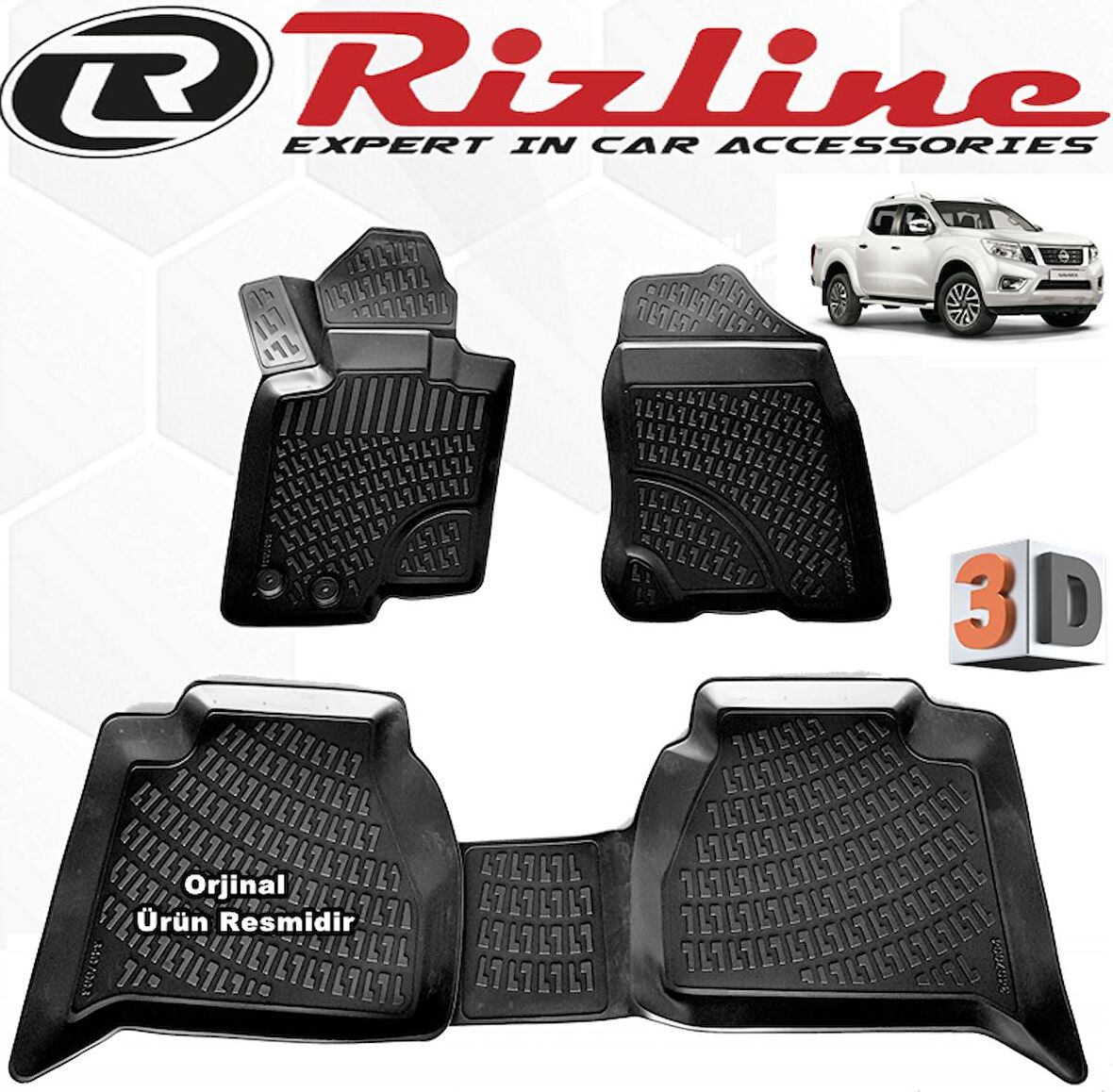 RİZLİNE Nissan Navara 3D Paspas Havuzlu 2014 - 2020 Arası Siyah 4 Parça SET