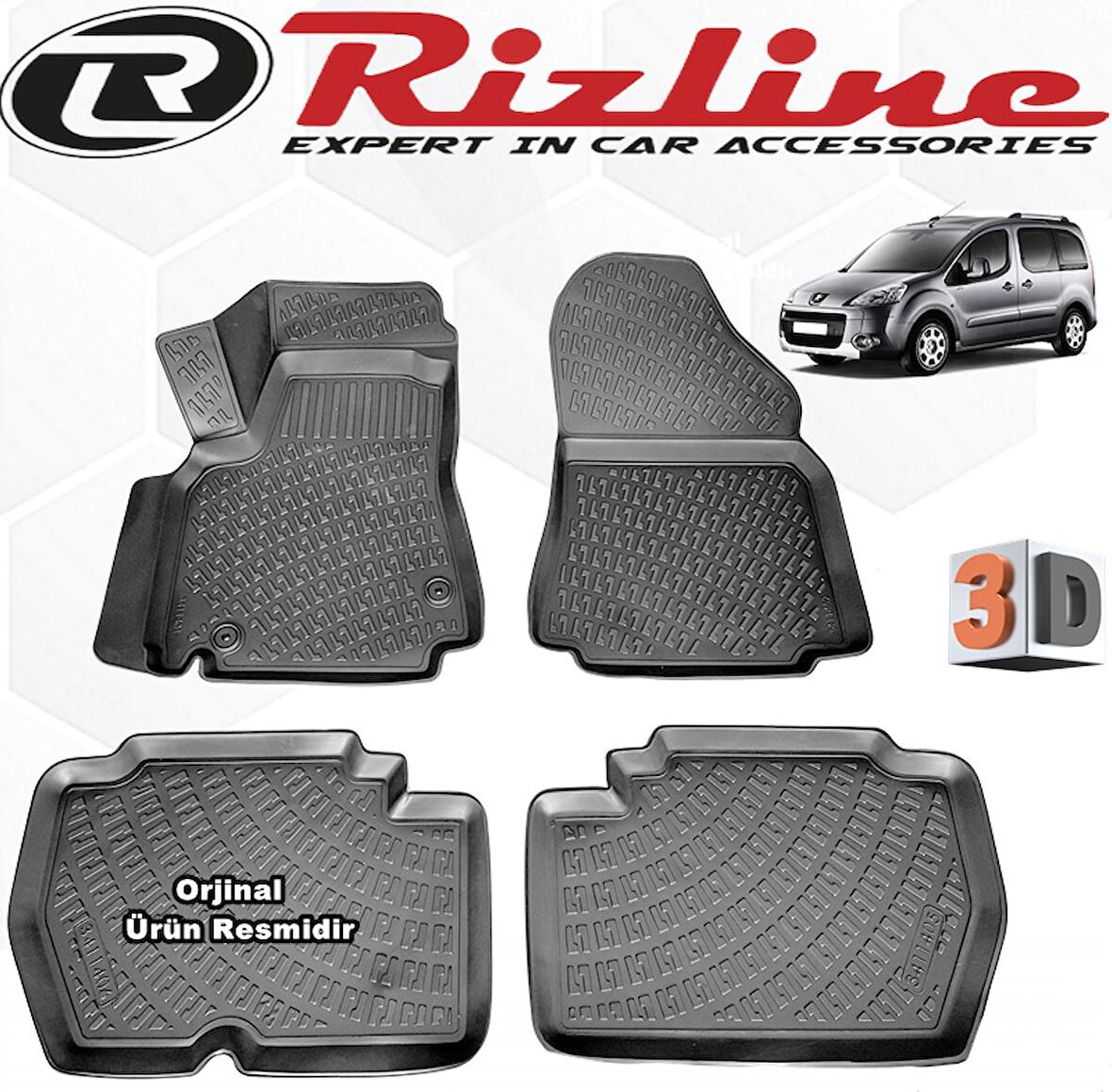 RİZLİNE Partner TEPEE 3D Paspas Havuzlu 110 LUK 2008 - 2019 Arası Siyah 4 Parça SET
