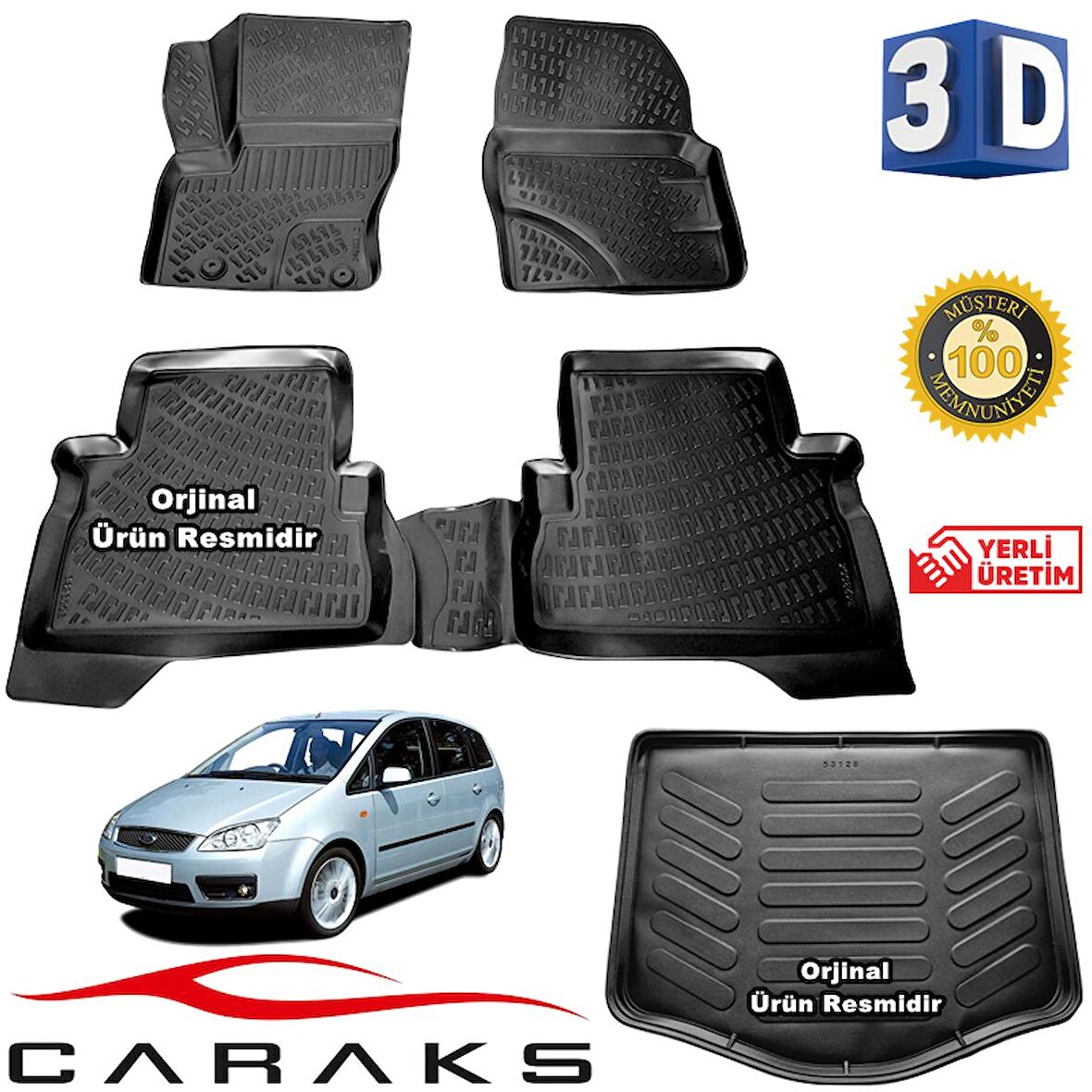 FORD C-MAX CARAKS 3D Paspas + CARAKS 3D Bagaj Havuzu 2003-2009 Arası Siyah - SET