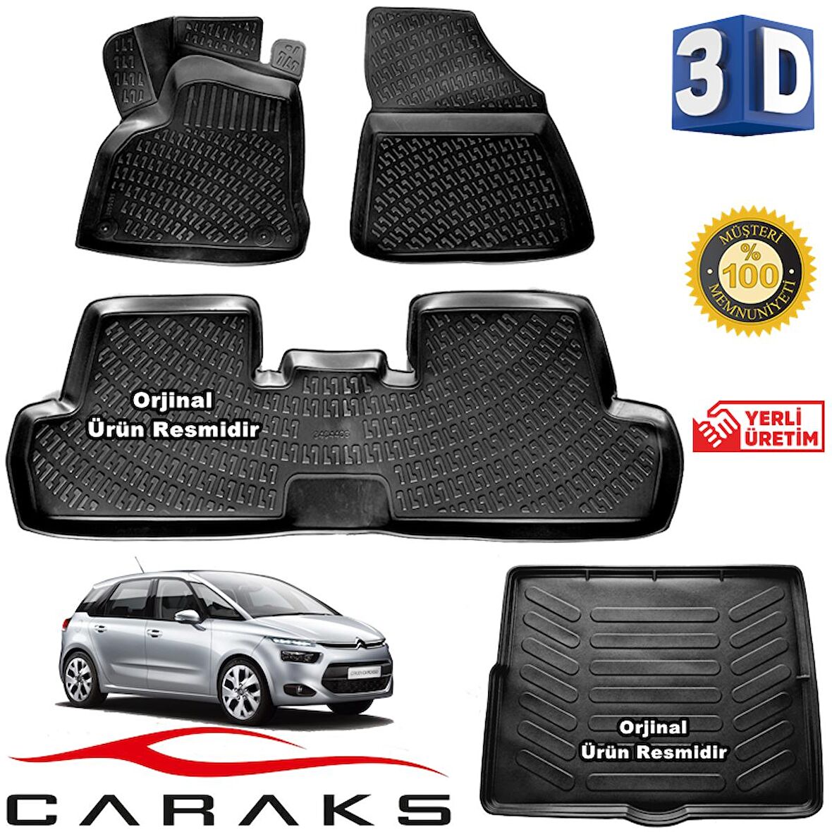 Citroen C4 PİCASSO 5 Koltuk 3D Paspas + 3D Bagaj Havuzu 2013 - 2020 Siyah CARAKS - SET