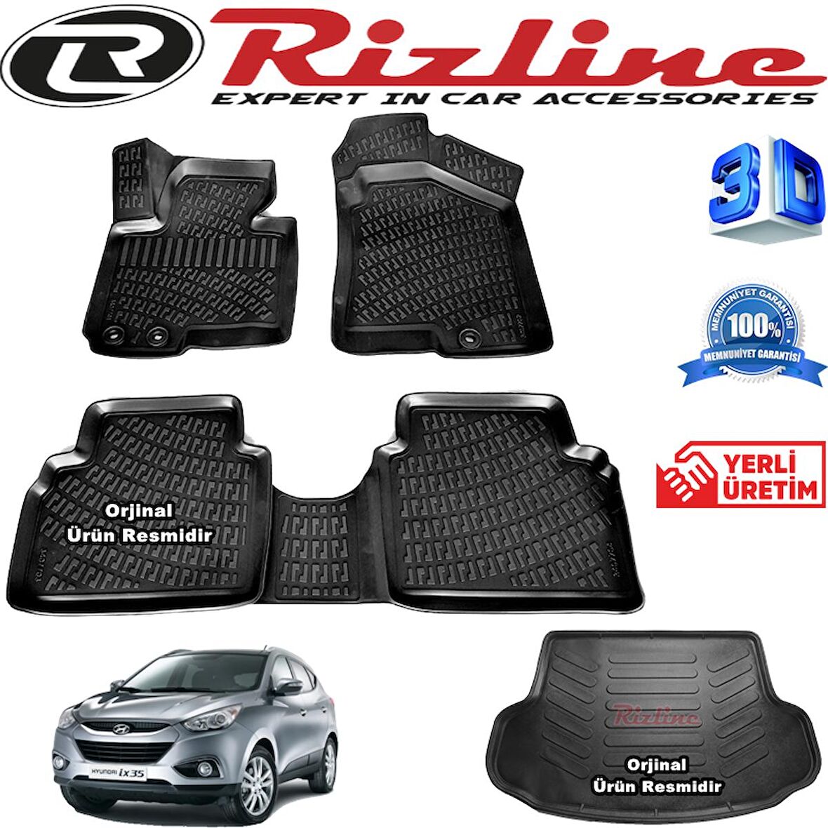 HYUNDAİ İX35 RİZLİNE 3D Paspas + RİZLİNE 3D Bagaj Havuzu 2010-2015 Arası Siyah SET