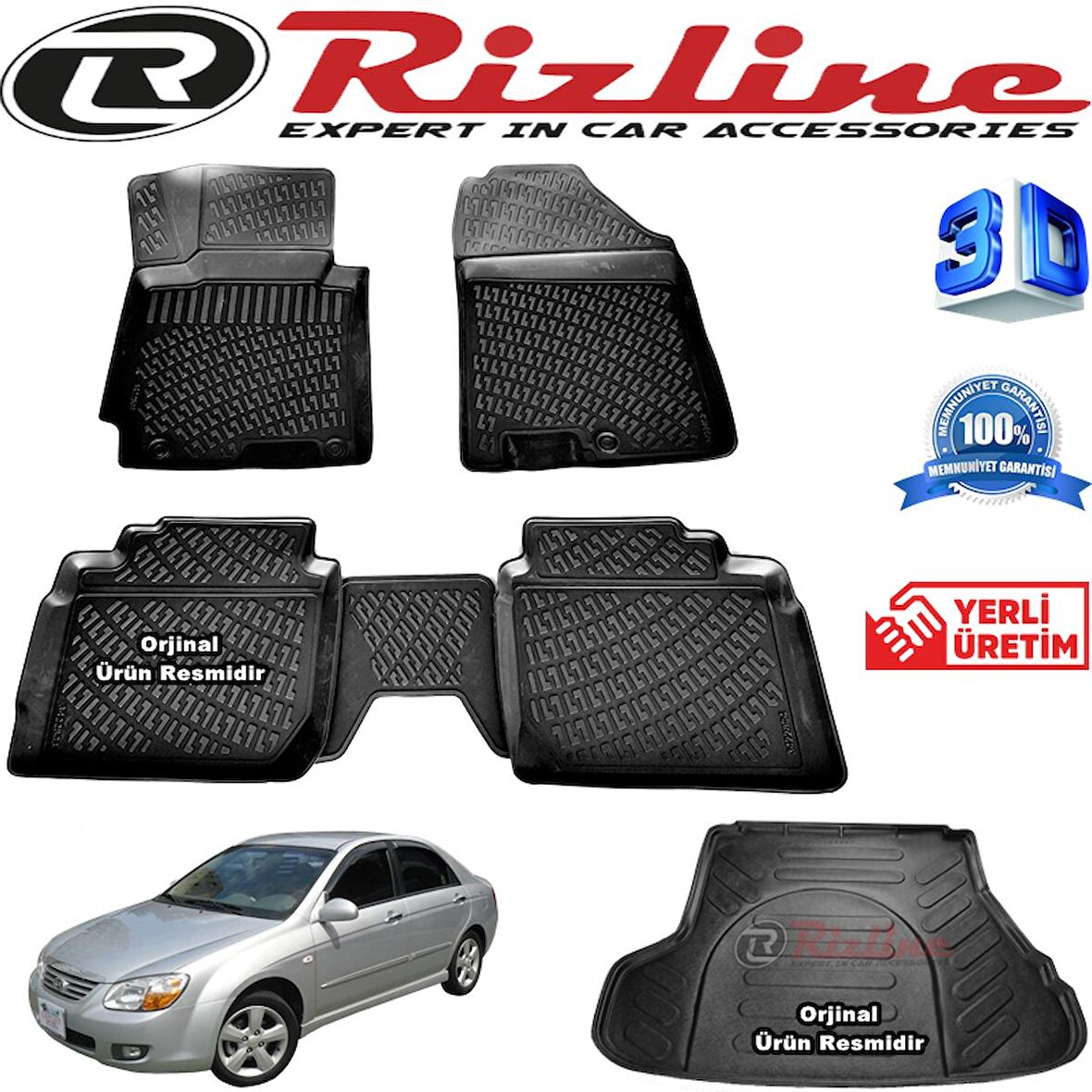 KİA CERATO RİZLİNE 3D Paspas + RİZLİNE 3D Bagaj Havuzu 2004-2009 Arası Siyah SET