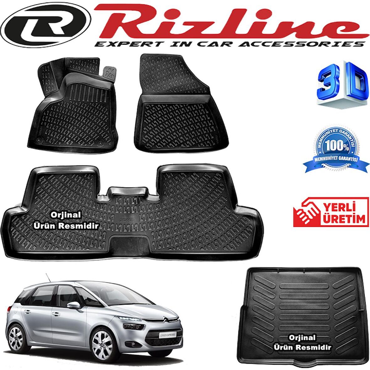 RİZLİNE Citroen C4 PİCASSO 3D Paspas + 3D Bagaj Havuzu 2013-2020 Arası Siyah SET