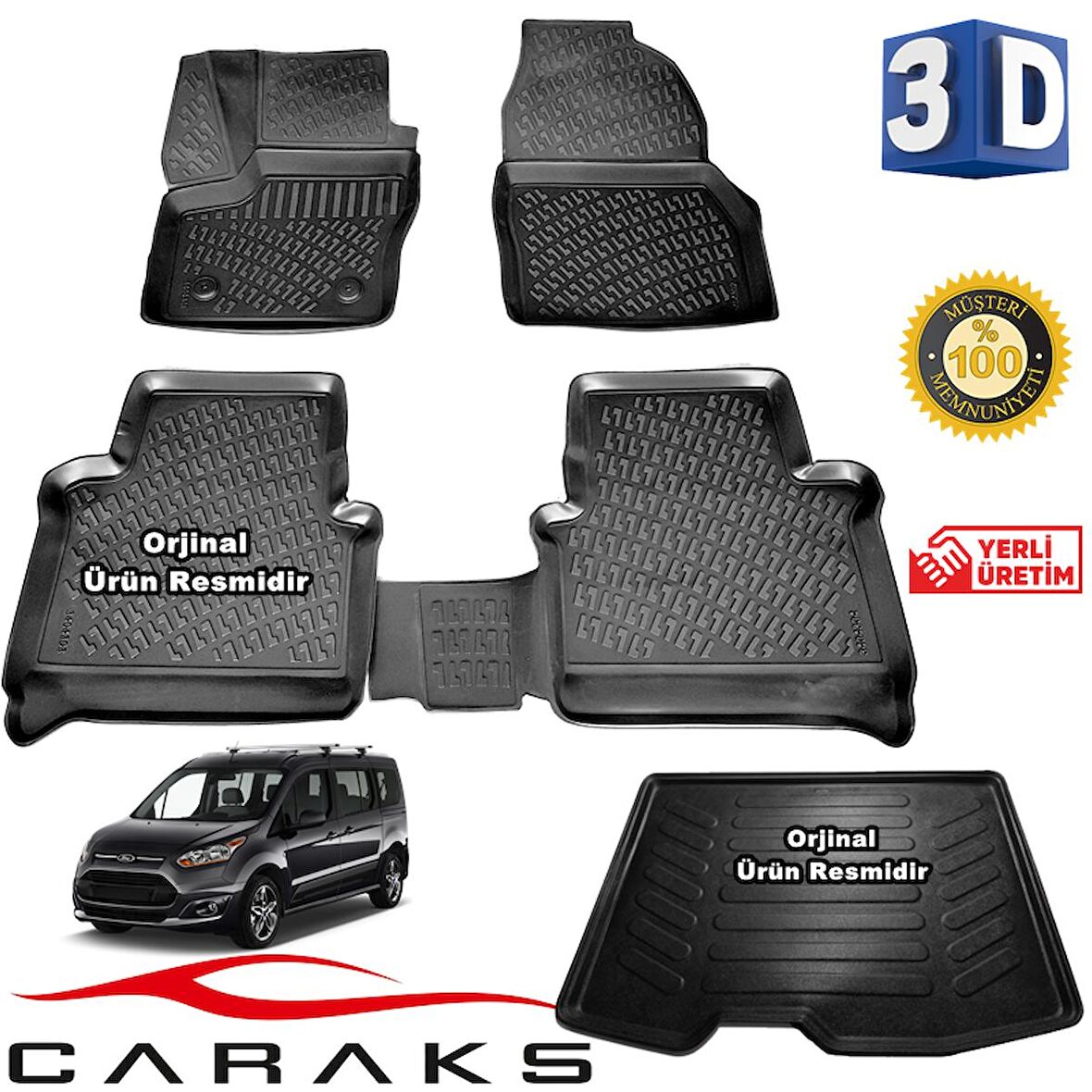 Ford CONNECT 3D Paspas + 3D Bagaj Havuzu 2015 - 2020 Arası Siyah CARAKS - SET