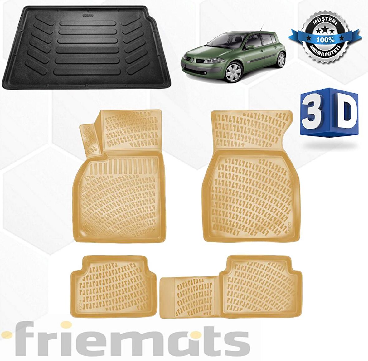 Megane 2 HB Bej 3D Havuzlu Paspas+Bagaj Havuzu 2004-2010 Arası Friemats