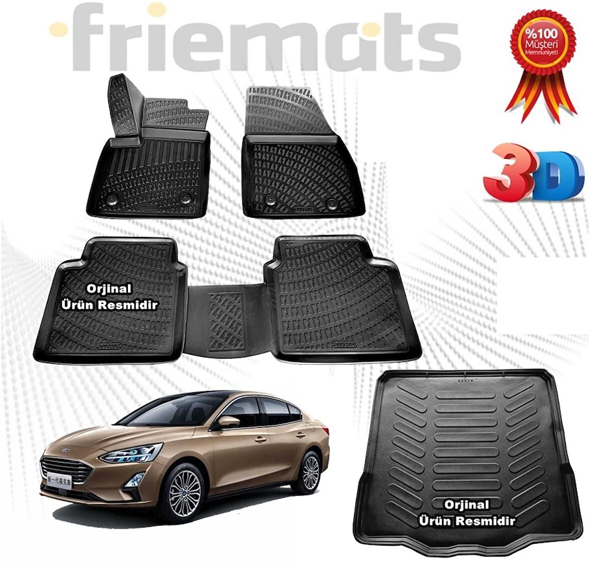 Ford Focus 5 Sedan 3D Havuzlu Paspas + 3D Bagaj Havuzu Friemats 2019 Sonrası