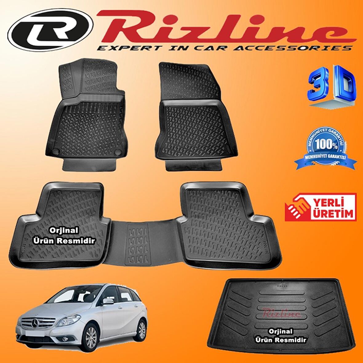 MERCEDES W246 B SERİSİ RİZLİNE 3D Paspas + RİZLİNE 3D Bagaj Havuzu 2011 Sonrası Siyah SET