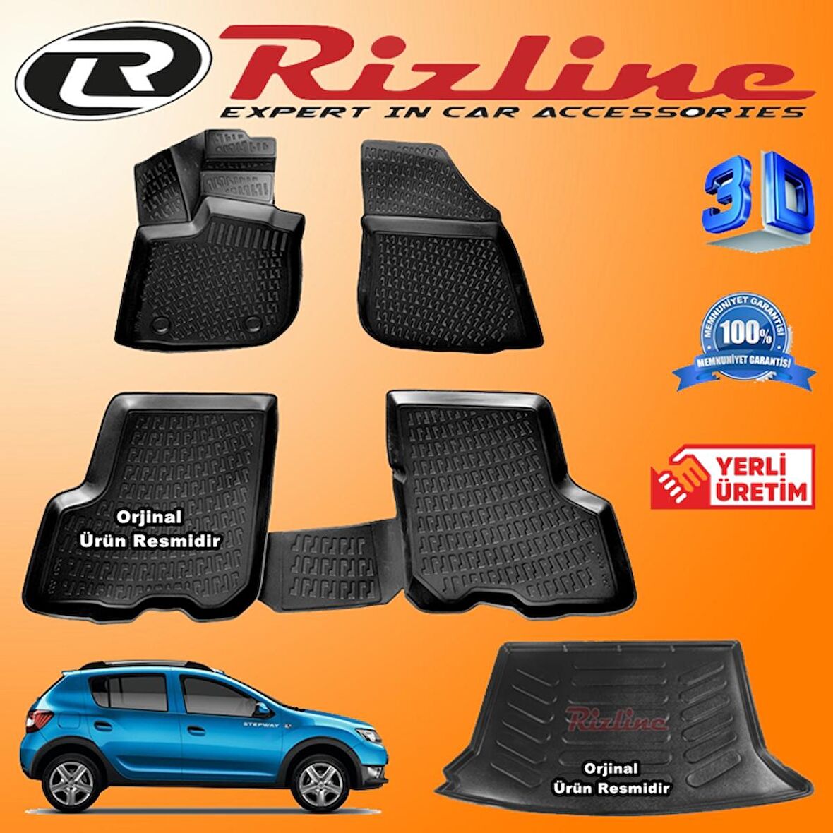 RİZLİNE DACİA SANDERO STEPWAY 3D Paspas+RİZLİNE 3D Bagaj Havuzu 2013-2020 Arası Siyah SET