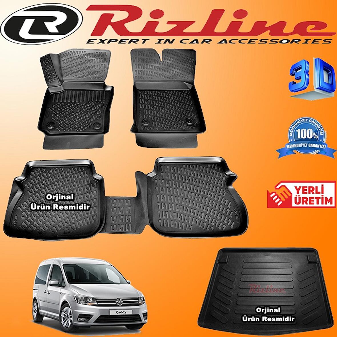 VW CADDY RİZLİNE 3D Paspas + RİZLİNE 3D Bagaj Havuzu 2015-2020 Arası Siyah SET