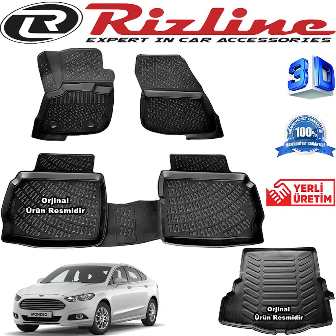 FORD MONDEO RİZLİNE 3D Paspas + RİZLİNE 3D Bagaj Havuzu 2014-2020 Arası Siyah SET