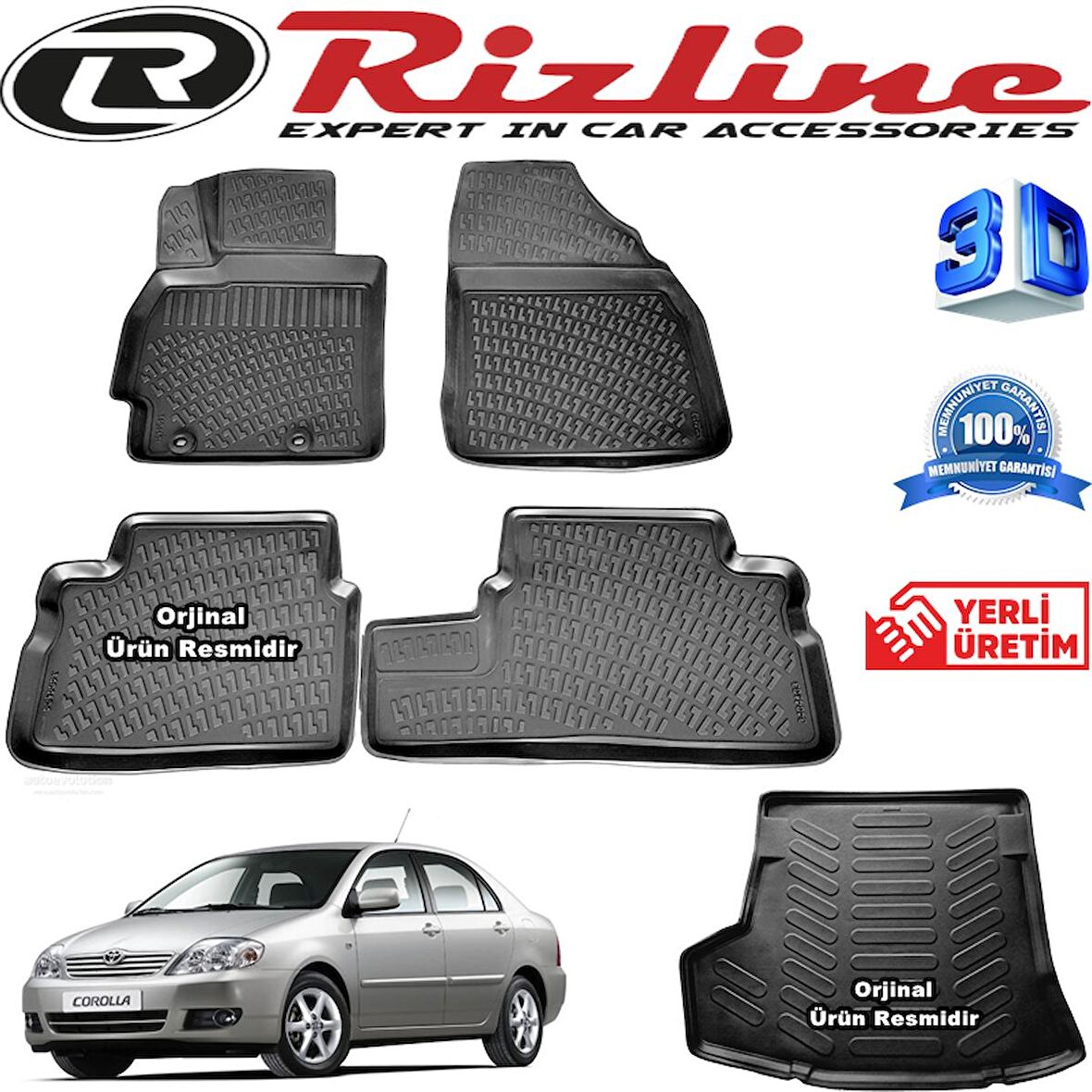 TOYOTA COROLLA RİZLİNE 3D Paspas +RİZLİNE 3D Bagaj Havuzu Sedan 2007-2013 Arası Siyah SET