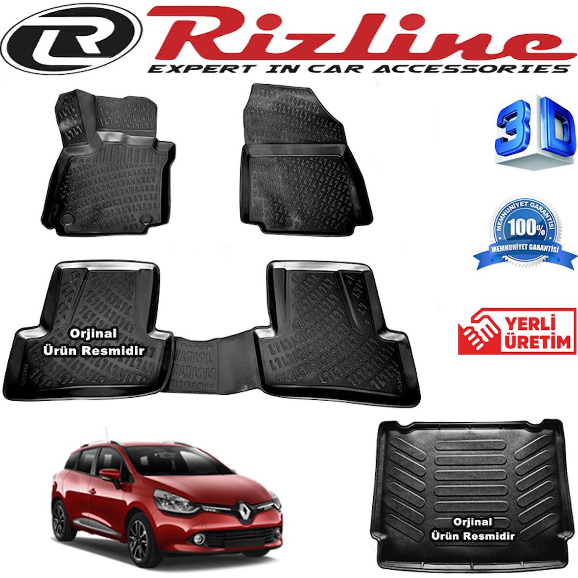 RİZLİNE RENAULT CLİO 4 3D Paspas + RİZLİNE 3D Bagaj Havuzu STW 2013-2019 Arası Siyah SET