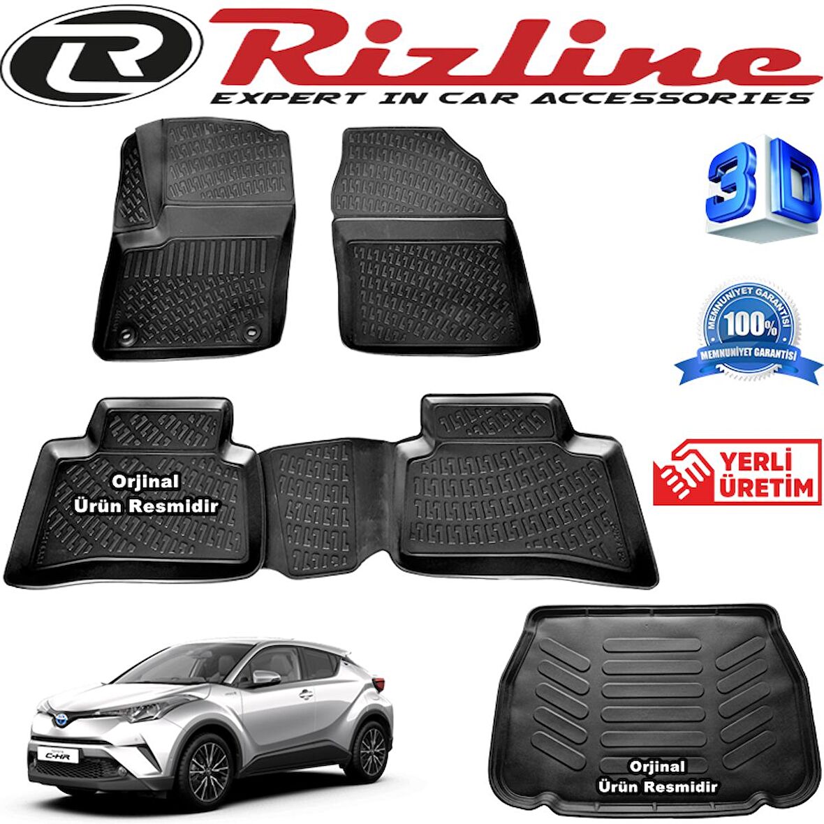 RİZLİNE TOYOTA C-HR 3D Paspas + RİZLİNE 3D Bagaj Havuzu 2016-2020 Arası Siyah SET