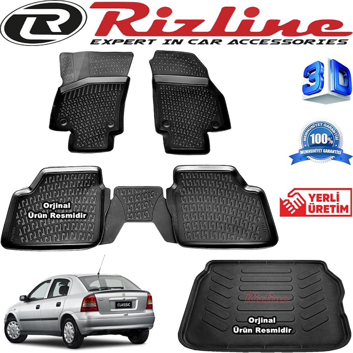 OPEL ASTRA G RİZLİNE 3D Paspas + RİZLİNE 3D Bagaj Havuzu HB 1998-2009 Arası Siyah SET 