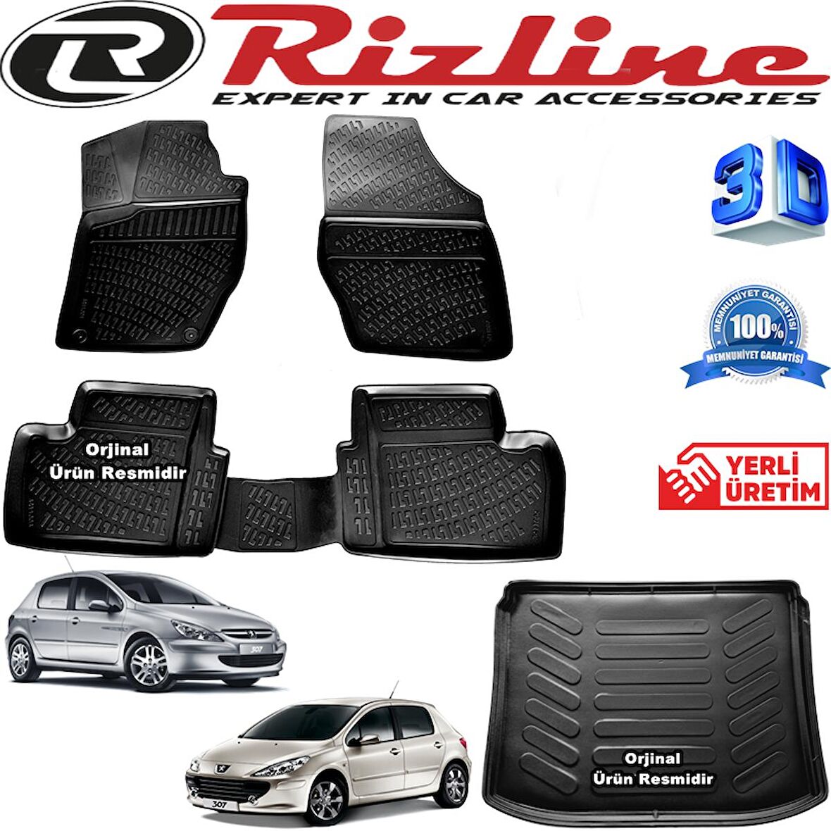 PEUGEOT 307 RİZLİNE 3D Paspas + RİZLİNE 3D Bagaj Havuzu HB 2001-2008 Arası Siyah SET
