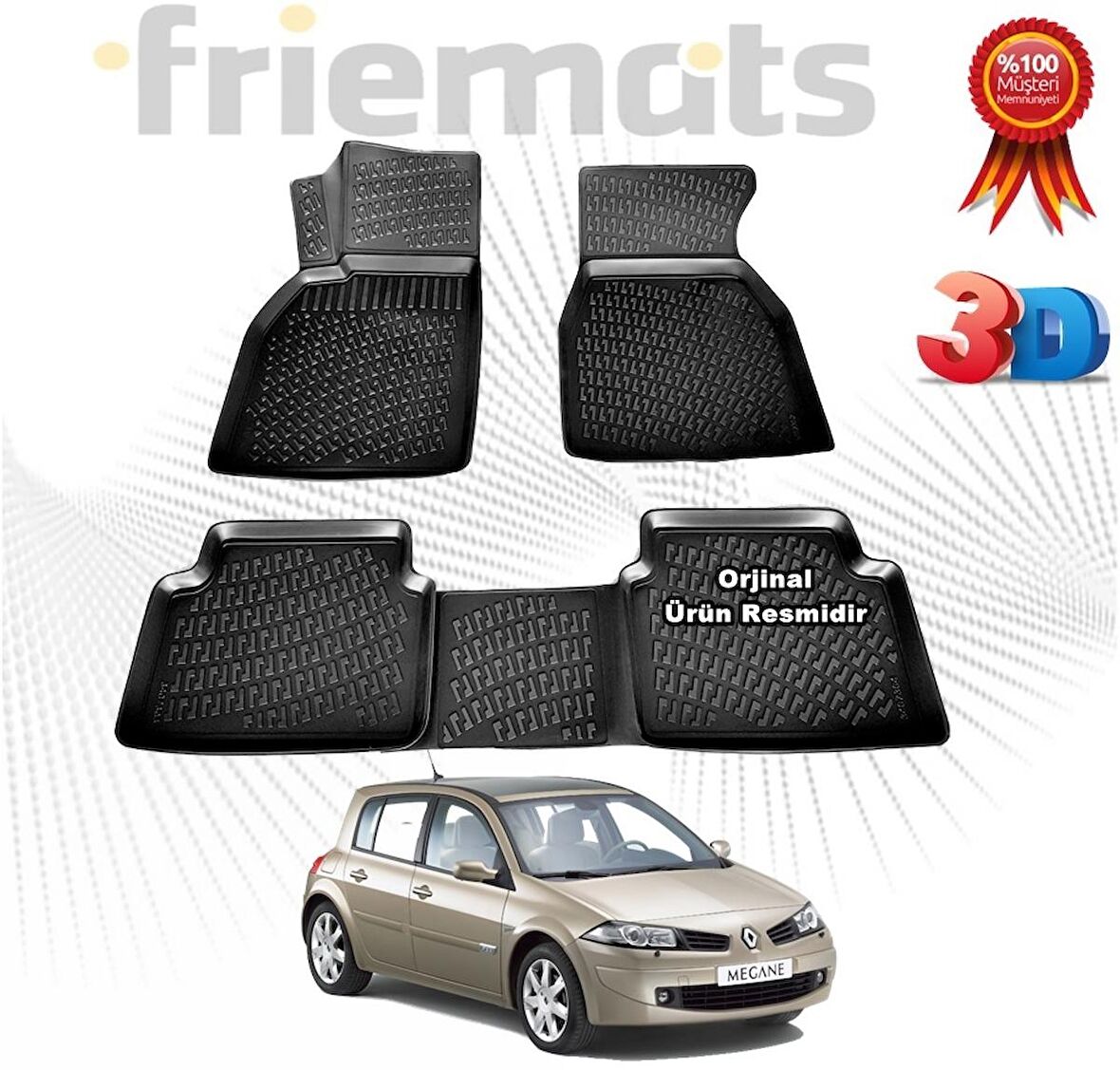 Renault MEGANE 2 HB 3D Havuzlu Paspas 2004-2010 Arası Siyah 4 Parça SET - Friemats