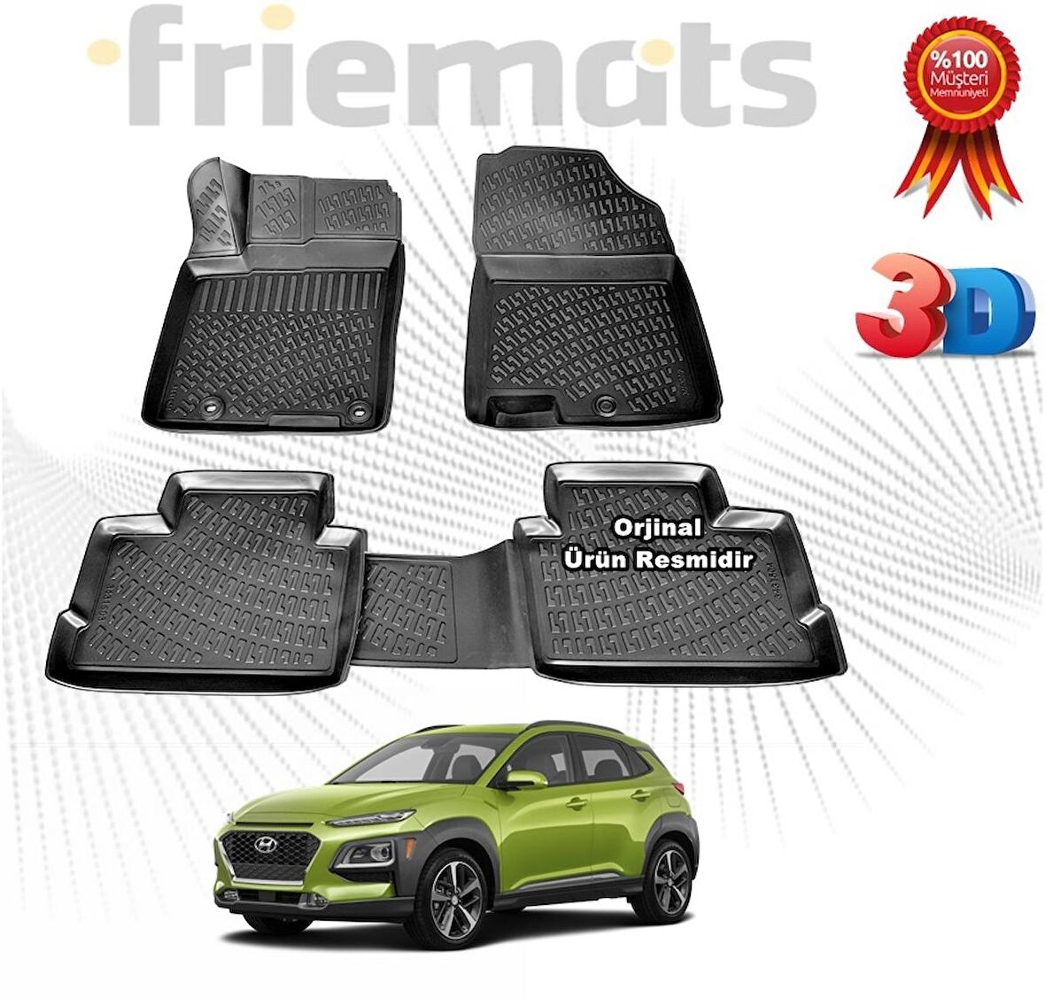 Hyundai KONA 3D Havuzlu Paspas 2015-2020 Arası Siyah 4 Parça SET - Friemats 