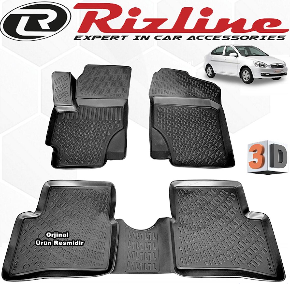 RİZLİNE Hyundai ACCENT ERA 3D Paspas Havuzlu 2006 - 2011 Arası Siyah 4 Parça SET