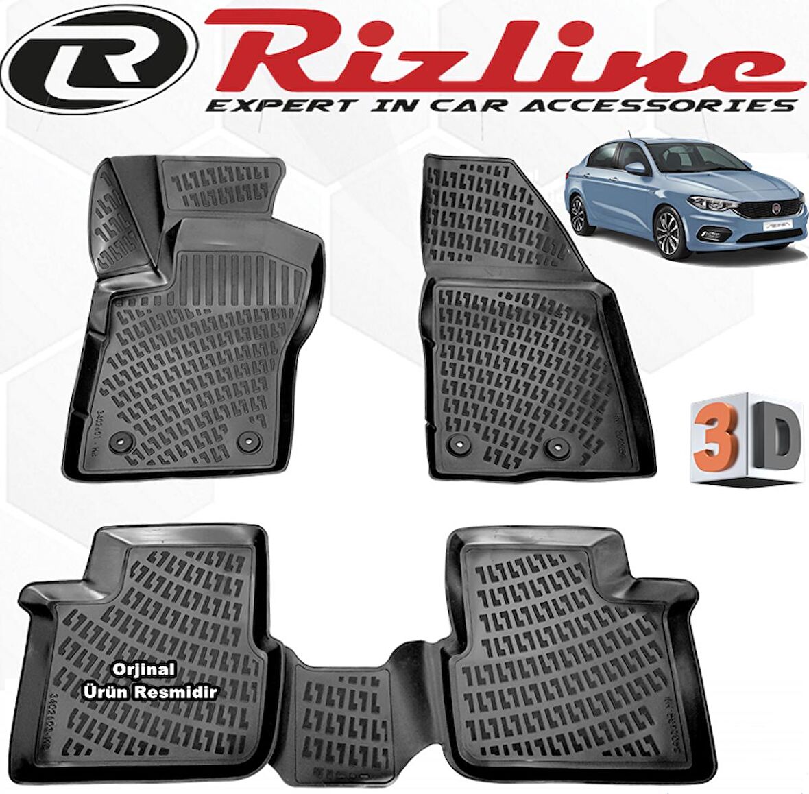 RİZLİNE Fiat Egea 3D Paspas Havuzlu Sedan 2015 - 2020  Arası Siyah 4 lü SET