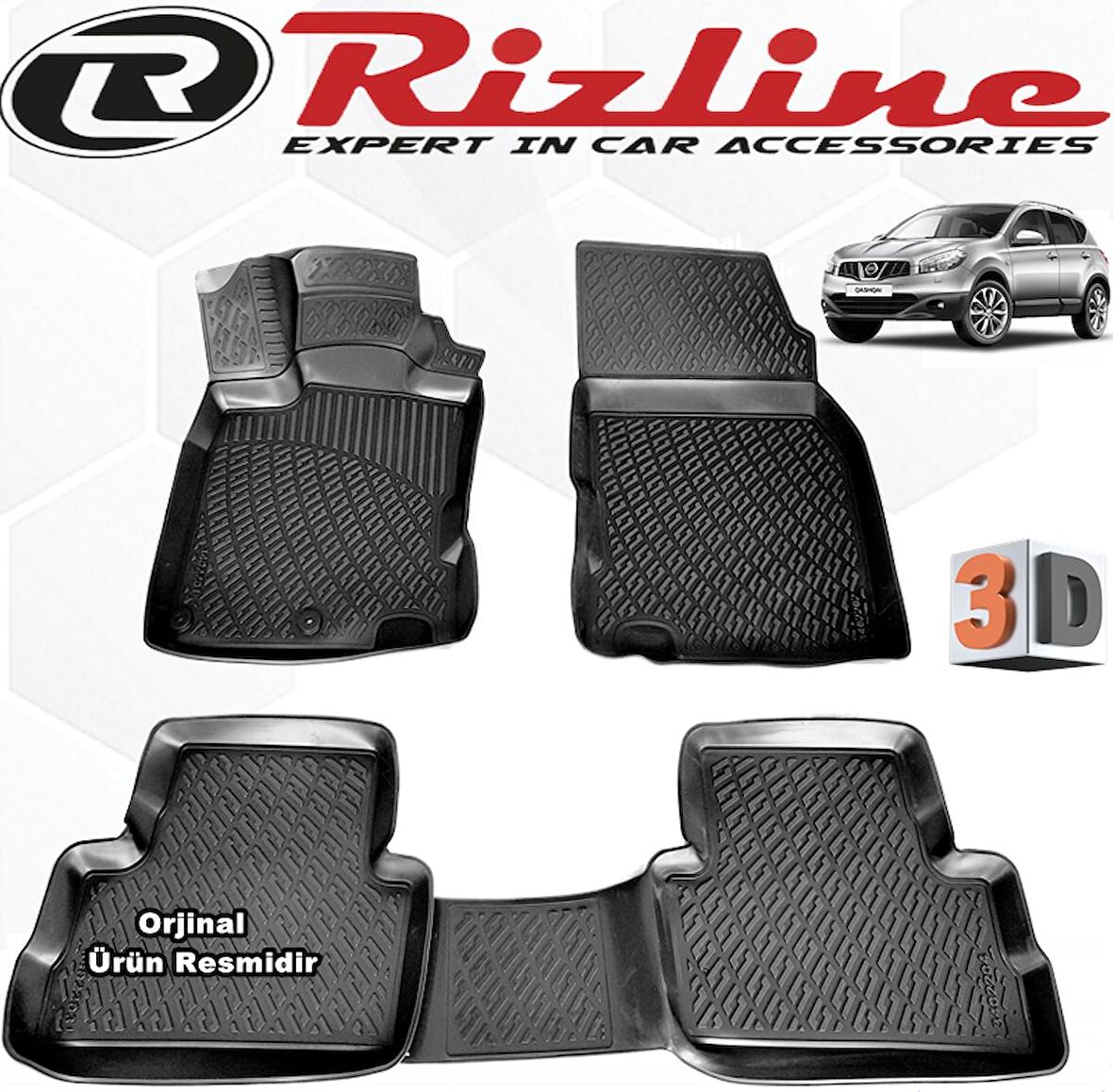RİZLİNE Nissan QASHQAİ 3D Paspas Havuzlu 2007 - 2014 Arası Siyah 4 Parça SET