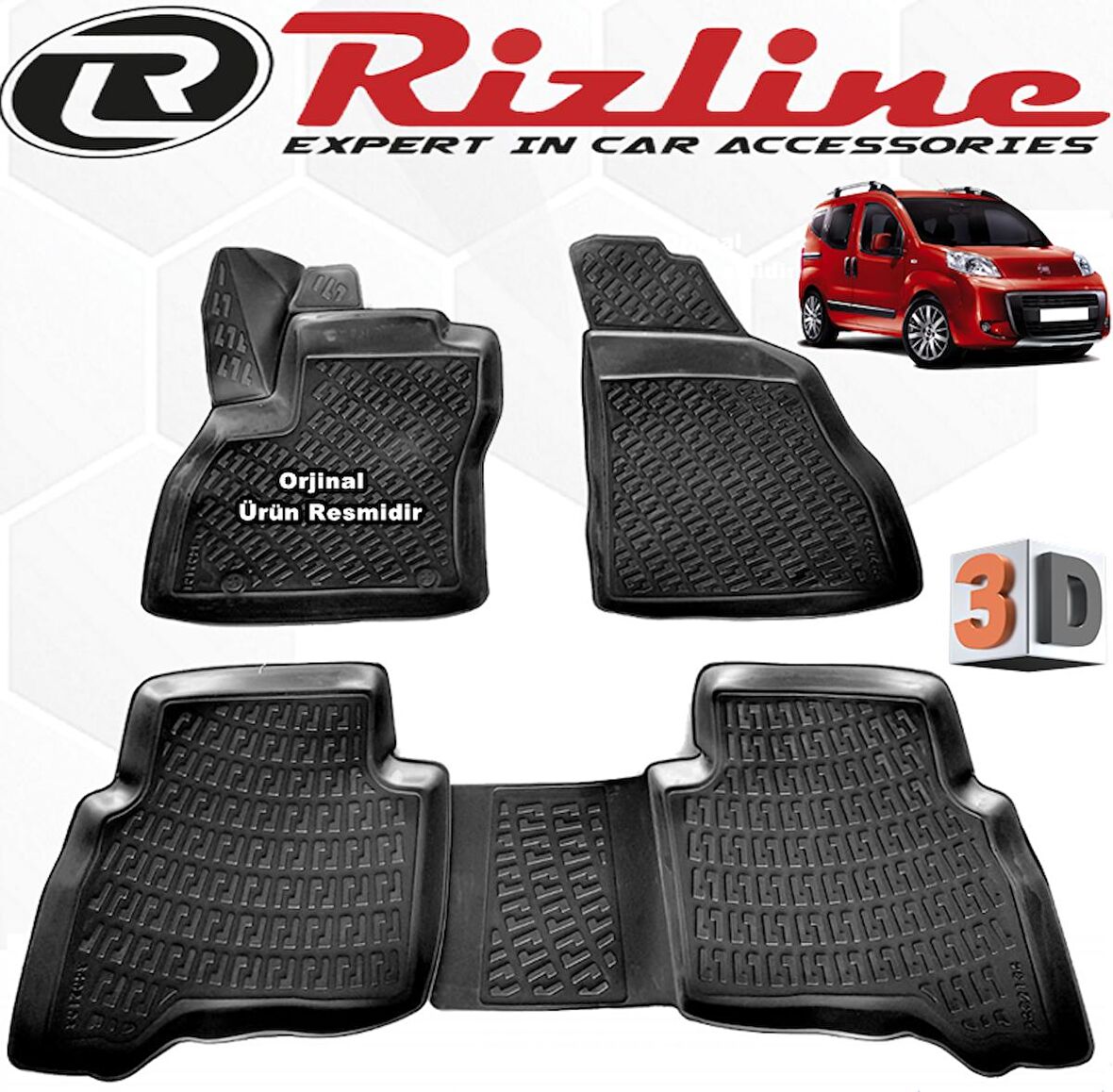 RİZLİNE Fiat FİORİNO 3D Paspas Havuzlu 2007 - 2019 Arası Siyah 4 lü SET