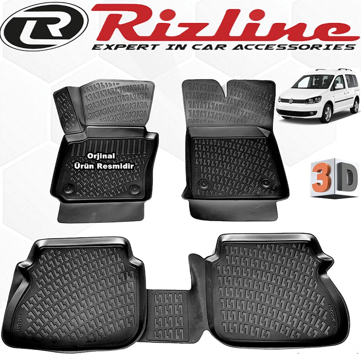 RİZLİNE VW Caddy 3D Paspas Havuzlu 2003 - 2010 Arası Siyah 4 Parça SET