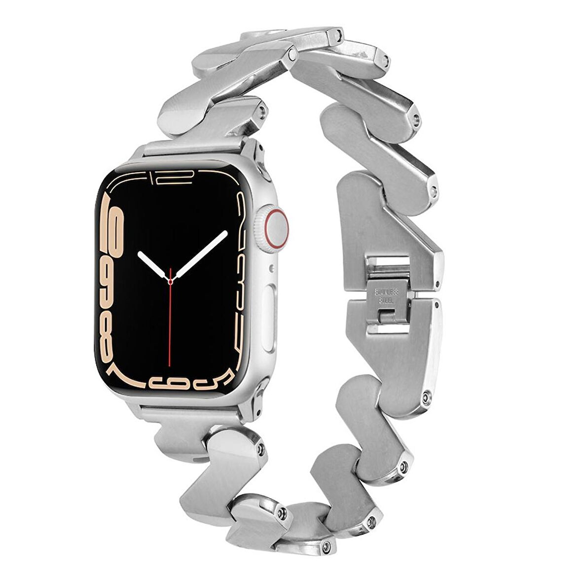 ​​​Apple Watch Uyumlu  7 41mm Kordon Kordon Metal Kıvrımlı Desenli Parlak Çelik Kayış Uyumlu KRD-80