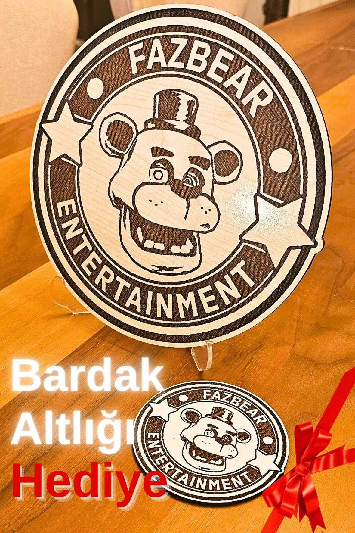 Fazbear Fnaf Ahşap Masa-Ofis Süsü 3d Kabartmalı Obje Tablo + Bardak Altlığı Freddy’nin Pizza Dükkânı’nda Beş Gece