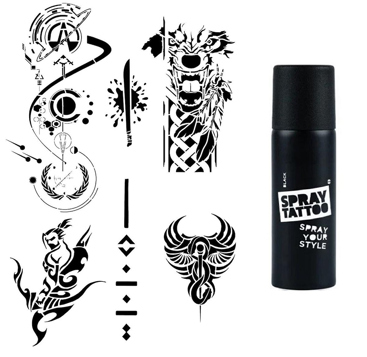 Fantastik Karizmatik Modeller Spray Tattoo Geçici Dövme Seti Dark Siyah Sprey 
