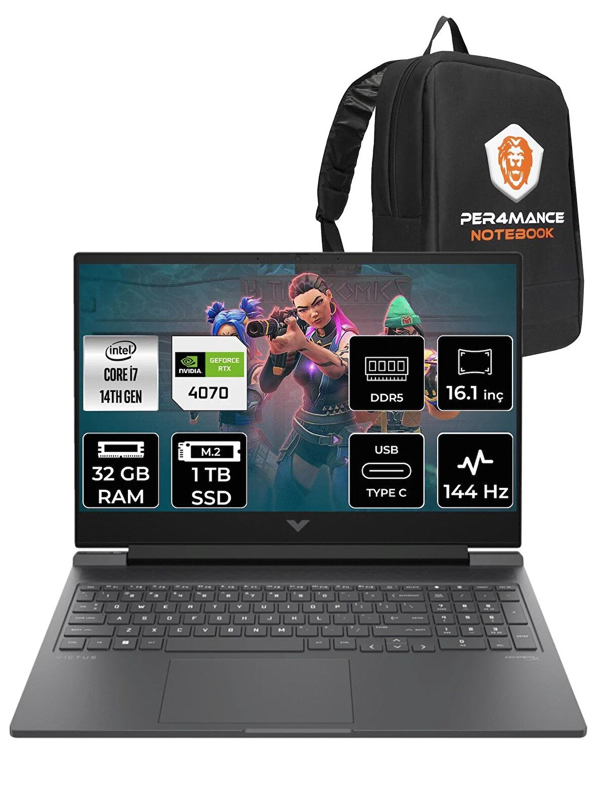 HP VİCTUS 16  i7-14700HX 32GB RAM 1TB SSD RTX4070/8GB 144Hz 16.1 FHD FDOS 9J222EA & PER4 ÇANTA