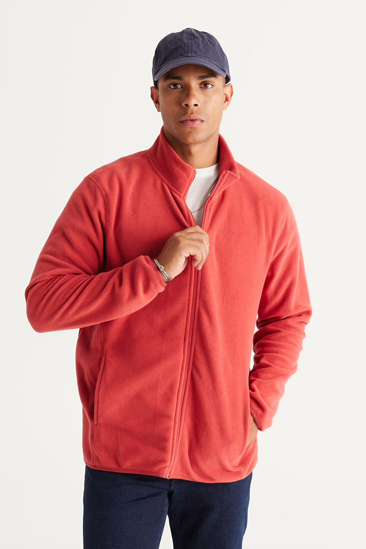 Erkek Mercan Anti-Pilling Tüylenme Yapmayan Standart Fit Bato Yaka Sweatshirt Polar Ceket