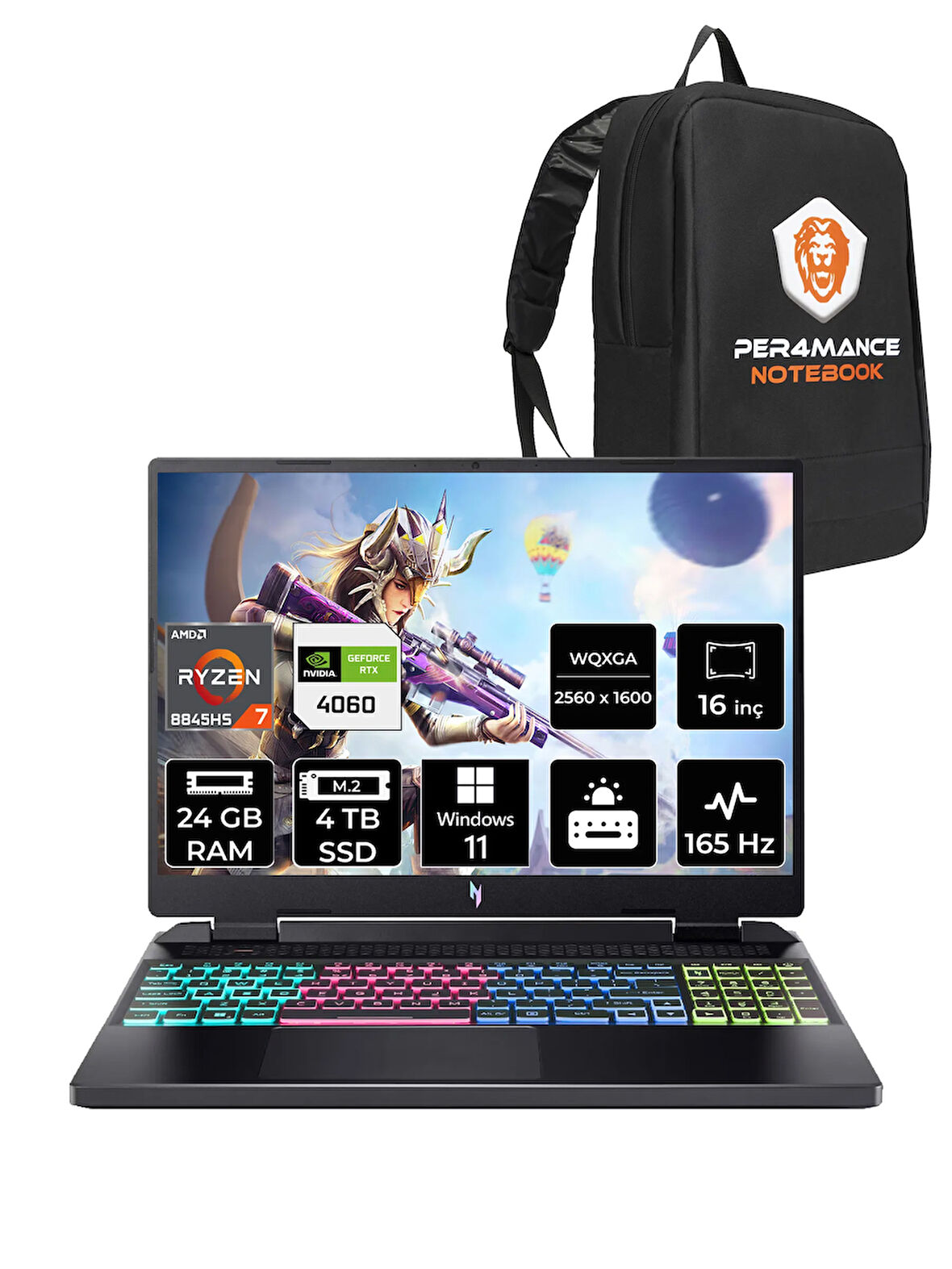 Acer Nitro 16 R7 8845HS 24GB 4TB SSD RTX4060/8GB 165Hz WQXGA 16" W11P Gaming Laptop & PER4 ÇANTA