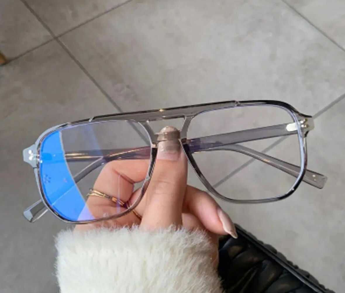 Çift Köprü Büyük Çerçeve Şeffaf Lens  Mavi Işık Korumalı Unisex Gri Gözlük