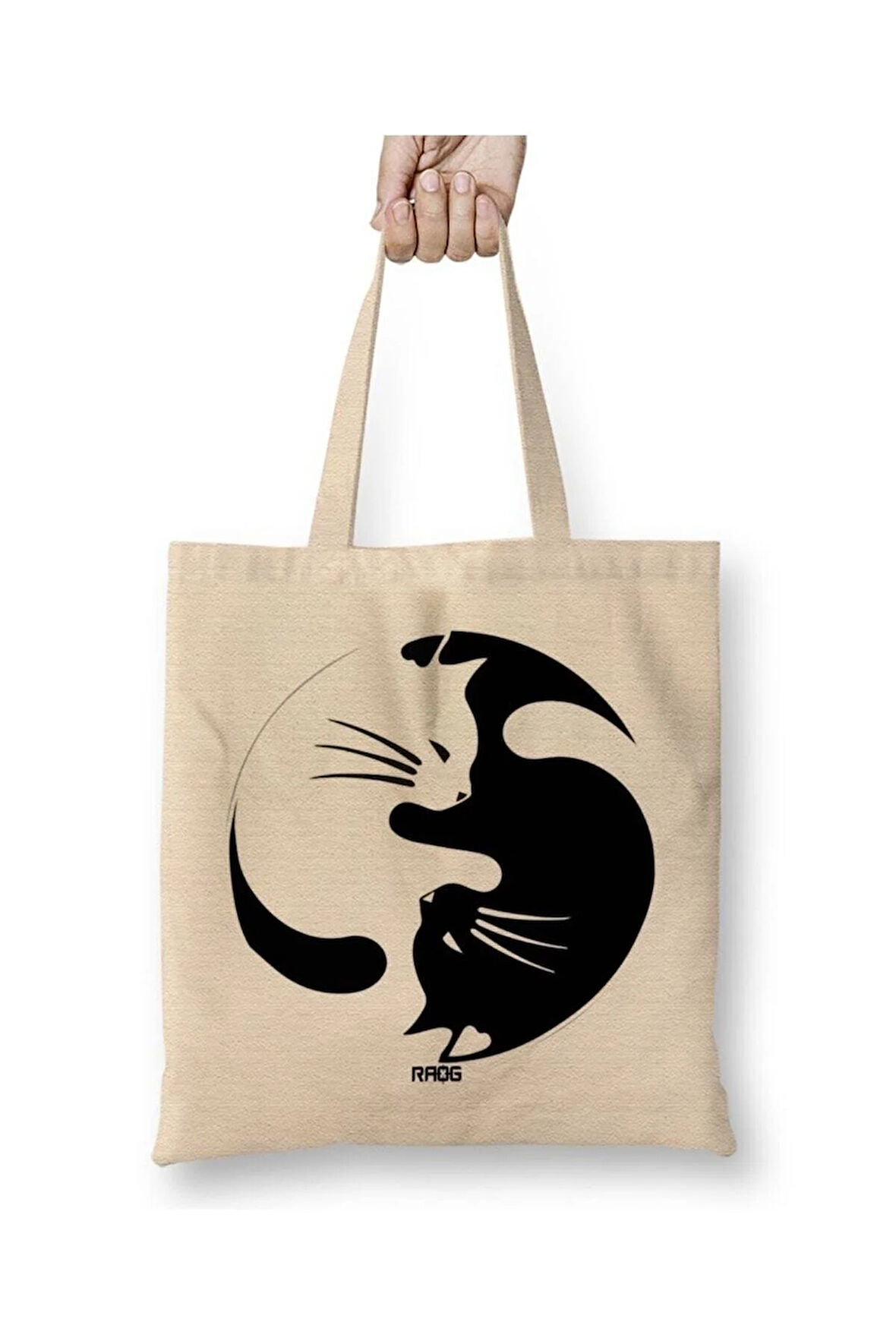 Cats Kedi Ying Yang Japon Beyaz Bez Çanta Uzun Saplı Alışveriş Çantası Plaj Çantası