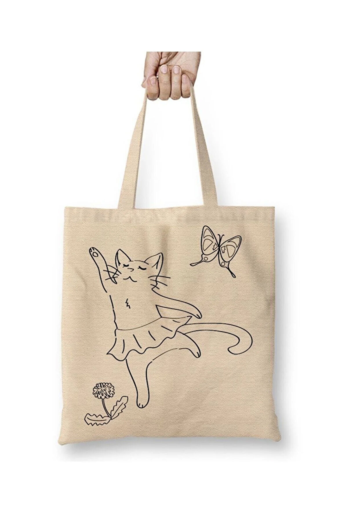 Balerin Cat Kedi Beyaz Bez Çanta Uzun Saplı Alışveriş Çantası Plaj Çantası